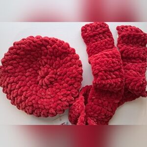 Hand Crocheted Tam Hat with a Skinny Scarf in Cherry Red, super soft yarn